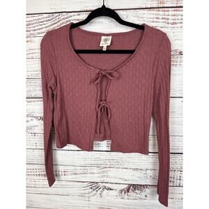 Womens Self Esteem Rose Pink Cropped Front Tie Pointelle Knit Cardigan Top LARGE